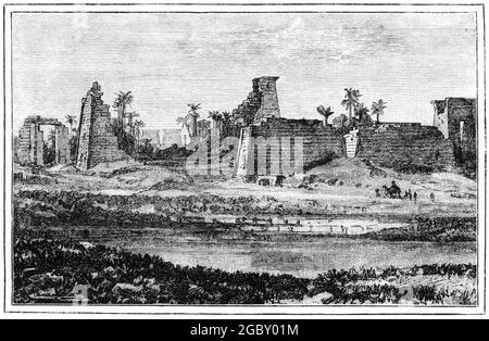 Engraving of ruins on the Island of Philae at Aswan, Egypt during the 1880s Stock Photo