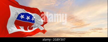 American Republican party, USA flag waving at sky background on sunset, panoramic view. copy space for wide banner. 3d illustration. Stock Photo