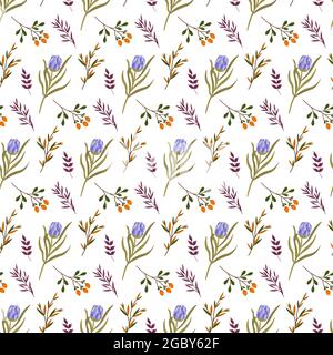 Protea pattern with purple leaves and orange berries. Floral vector pattern on white background.  Stock Vector