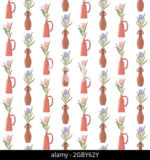 Protea flower in a clay jug. Floral vector pattern on white background.  Stock Vector