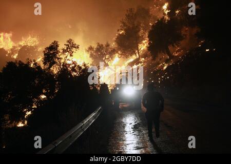 August 3, 2021, MuÄŸla, Milas, Turkey: Turkey has been struggling with forest fires in many provinces for a week. The fire in Bodrum district of MuÄŸla is about to reach the thermal power plant. (Credit Image: © Sedat ElbasanZUMA Wire) Stock Photo
