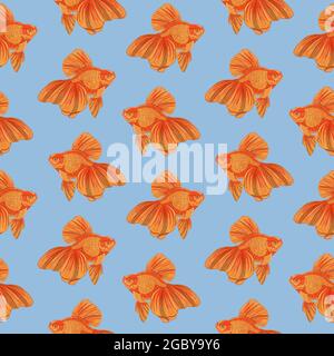 Digital illustration of orange detailed aquarium goldfish seamless pattern on blue background. High quality illustration Stock Photo
