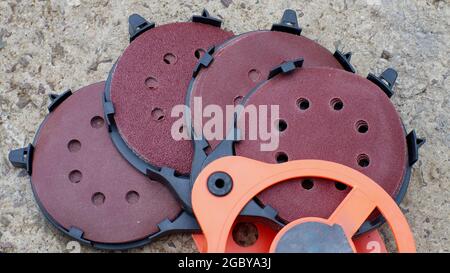 A High Angle View of Orbital Sanding Discs Stock Photo