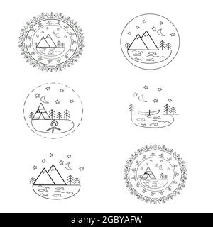 Camp with design elements. Vector illustration. Camping and outdoor adventure emblems. Stock Vector