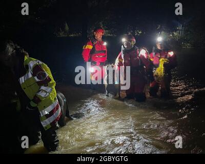 Linnich, Germany. 16th July, 2021. Employees of the Essener Tierrettung e.V. pull a pony through the flood in the district of Düren. The animal rescuers have saved many animals during the flood disaster in North Rhine-Westphalia and Rhineland-Palatinate (to dpa: 'The only thing they have left': Animal rescuers in flood action') Credit: Stephan Witte/dpa/Alamy Live News Stock Photo