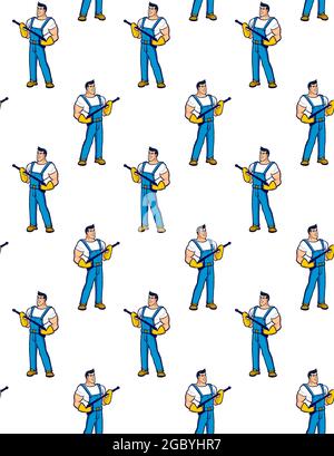 Seamless pattern Worker in a blue overalls holds in his hands a device for cleaning houses under strong pressure of water A strong-built brunette cleaner with yellow gloves is pictured at work. vector Stock Vector