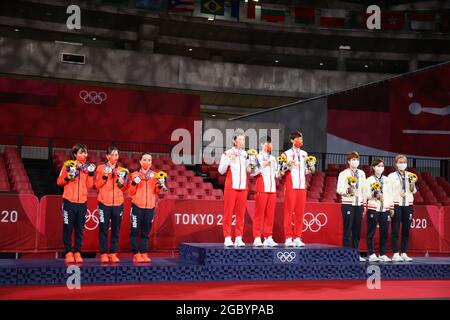 Tokyo, Japan. 5th Aug, 2021. (L-R) Japan team silver medal (JPN), China team gold medal (CHN), Hong Kong team bronze medal (HKG) Table Tennis : Women's Team Medal ceremony during the Tokyo 2020 Olympic Games at the Tokyo Metropolitan Gymnasium in Tokyo, Japan . Credit: YUTAKA/AFLO SPORT/Alamy Live News Stock Photo