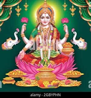 Trending New Hindu god Lakshmi sitting at Golden stage with gold coins fine  painting arts Stock Photo - Alamy