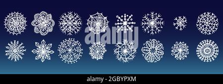 Hand drawn snowflakes white color. Vector xmas flat illustration for decor, winter holidays, christmas, frozen crystal element, flake of snow Stock Vector