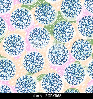 Hand drawn, spotted, snowflake seamless pattern. Cold winter with muted light pastel pink, yellow, green colors. For home decor, textiles, wrapping Stock Vector