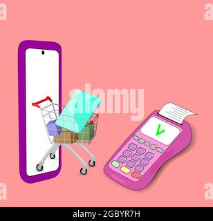 E-commerce shopping cart concepts, mobile gadgets, such as tablets and smartphones, for online shopping and ordering goods. Vector Stock Vector