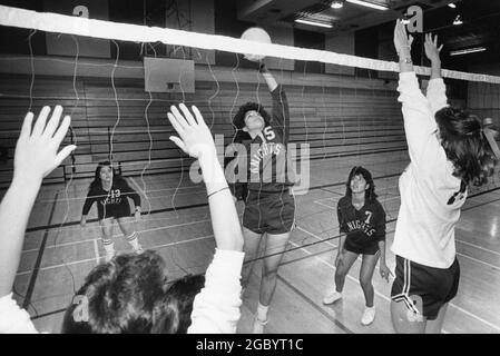 Austin Texas USA, circa 1984: High school girls' volleyball team practices inside school gym. ©Bob Daemmrich Stock Photo