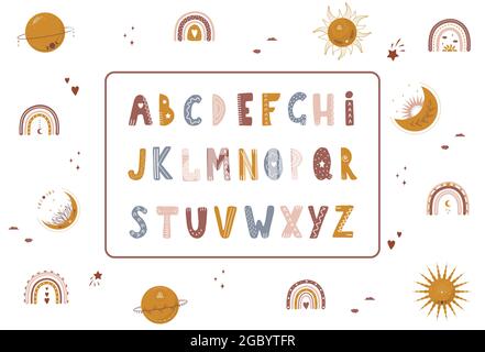 Boho alphabet with celestial elements. Cute letters and numbers for banners, nursery design, postcards. Clipart isolated in white background. Vector Stock Vector