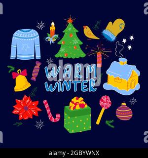 Set of Winter Christmas elements. Hand drawn doodle style. For christmas xmas New Year carnival party congratulation design, New Year decoration Stock Vector