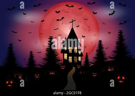 Halloween night house on a hill against the backdrop of a red full moon. Cemetery and smiling pumpkins. Vector illustration