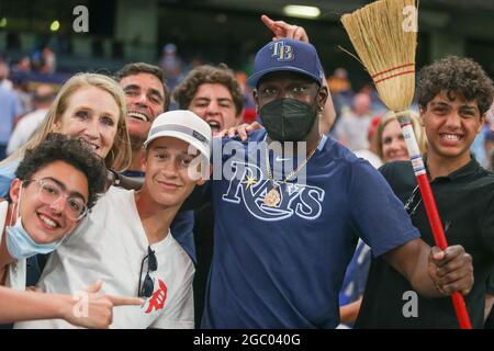 St. Petersburg, FL. USA;  Tampa Bay Rowdies goalkeeper Raiko Arozarena posed with fans with his broom for the sweep of the Boston Red Sox after a majo Stock Photo