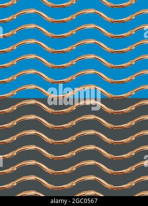 Ink brush hand painted shapes. Geometric horizontal waves gold palette color seamless pattern. Blue, dark grey easy editable background. Vector Stock Vector