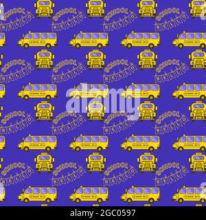 Seamless pattern with school bus on blue background drawing in flat style Stock Vector