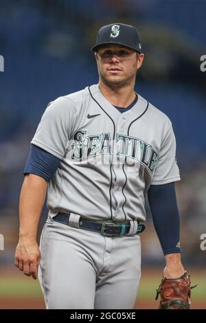 Seattle Mariners third baseman Kyle Seager wears a patch on his jersey and  a red wristband honoring MLB's Lou Gehrig Day during the first inning of  a baseball game against the Oakland