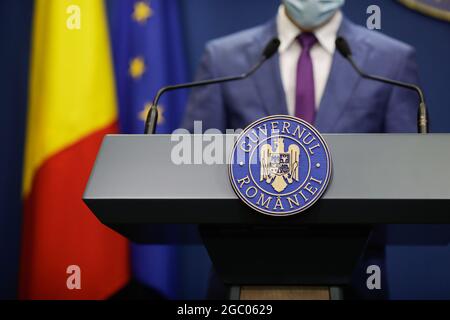 Bucharest, Romania - August 5, 2021: Details with the Romanian Government logo during a press conference held by a politician. Stock Photo