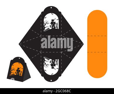 Happy Halloween treat box. Gift party favor box for sweets, candies, small presents, bakery. Simple packaging die cut template for laser cut with tree Stock Vector