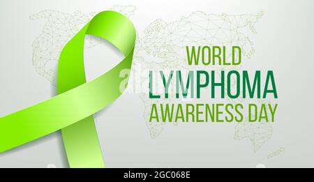 World Lymphoma awareness day concept. Banner with lime ribbon awareness, text and world map. Vector illustration. Stock Vector