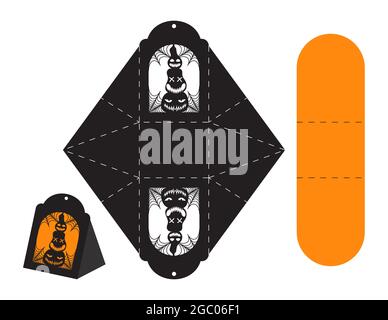 Happy Halloween treat box. Gift party favor box for sweets, candies, small presents, bakery. Simple packaging die cut template for laser cut with jack Stock Vector