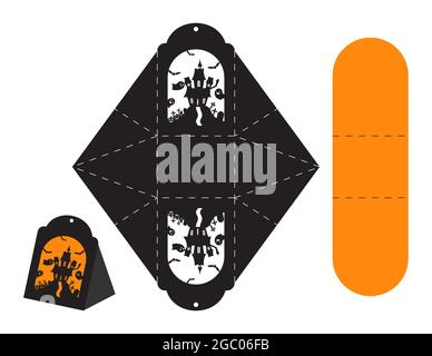 Happy Halloween treat box. Gift party favor box for sweets, candies, small presents, bakery. Simple packaging die cut template for laser cut with tree Stock Vector