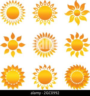 Sun or Sunshine vector with beams on a white isolated background. In different yellow and orange colors and gradients. Stock Vector