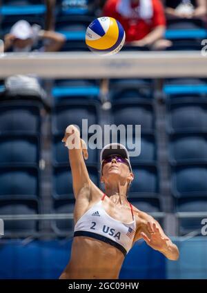 Tokyo, Kanto, Japan. 6th Aug, 2021. USA volleyball team player ALIX KLINEMAN, 31, serves against Australia in the Gold medal match for Women's Beach Volleyball at the Shiokaze Park during the 2020 Tokyo Summer Olympics. USA team of April Ross and Alix Klineman won the gold medal. (Credit Image: © Paul Kitagaki Jr./ZUMA Press Wire) Stock Photo