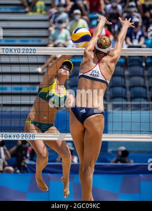 Tokyo, Kanto, Japan. 6th Aug, 2021. USA volleyball team player ALIX KLINEMAN, 31, defends against Australia volleyball team player TALIQUA CLANCY, 29, in the Gold medal match for Women's Beach Volleyball at the Shiokaze Park during the 2020 Tokyo Summer Olympics. USA team of April Ross and Alix Klineman won the gold medal. (Credit Image: © Paul Kitagaki Jr./ZUMA Press Wire) Stock Photo