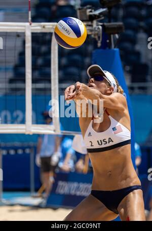 Tokyo, Kanto, Japan. 6th Aug, 2021. USA volleyball team player ALIX KLINEMAN, 31, competes in the Gold medal match for Women's Beach Volleyball at the Shiokaze Park during the 2020 Tokyo Summer Olympics. USA team of April Ross and Alix Klineman won the gold medal. (Credit Image: © Paul Kitagaki Jr./ZUMA Press Wire) Stock Photo