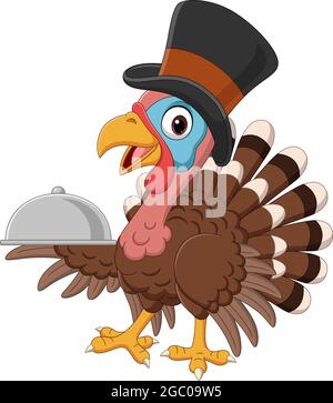 Cartoon turkey bird in pilgrim hat holding a tray Stock Vector