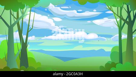 Forest trees vector. Dense wild plants with tall, branched trunks. Sky with clouds. Summer green landscape. Flat design. Cartoon style. Vector Stock Vector