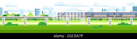 High-speed train on the bridge. Suburban transport. Railway with a locomotive. Modern outdoor urban landscape. Cityscape with the road. Flat style Stock Vector