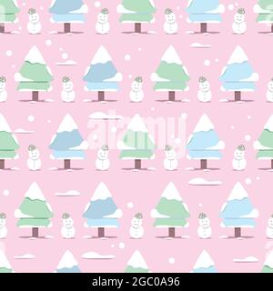 Vector Cute of Spruce trees or Christmas tree with snowman, pastel colour, vector seamless pattern. The concept for Christmas and winter Design season Stock Vector