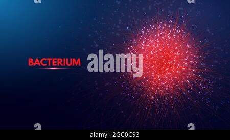 Bacterium. Vector abstract microscopic medical illustration of blue bacteria types, virus or spore close up on dark background. Concept for science, t Stock Vector