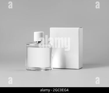 Mockup Of A White Cardboard Box A Transparent Bottle For Perfume With A Label A Plastic Cap On A Gray Background Packaging Template For Essence Stock Photo Alamy