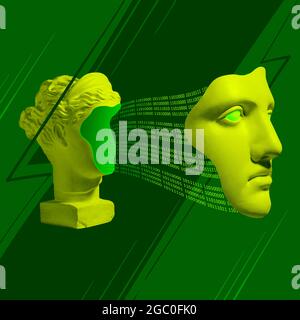 Creative collage. Image of ancient greek statue with binary code on green background. Stock Photo