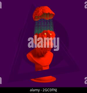 Contemporary art collage. Image of red ancient greek statue with binary code on dark purple background. Stock Photo