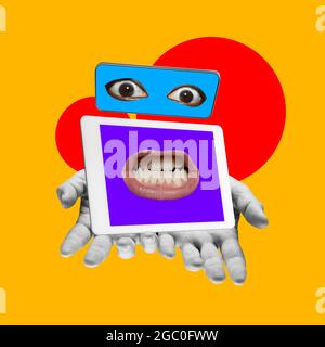 Creative collage. Image of bw male arms holding tablet with human mouth on bright orange background. Stock Photo