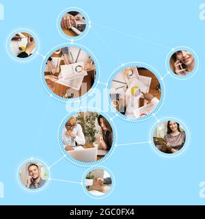 Working process in office. Round images of office workers, analysts on light blue background. Creative collage. Stock Photo
