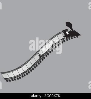 illustration of a couple in a train that looks like a filmstrip to illustrate their life and journey, isolated on a grey background Stock Vector
