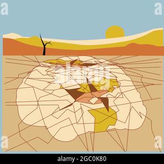 illustration of a desert land made of a brain with its neurons as the cracked desert with an isolated tree in the background Stock Vector