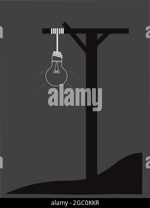 illustration of a light bulb as a rope hanging on a wood frame, isolated on a grey background Stock Vector
