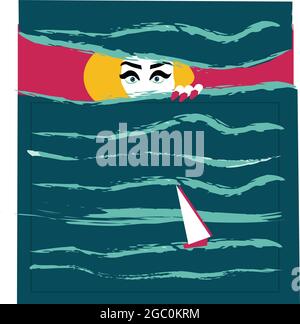 a scared woman looking through her louvers made of waves and a boat sailing away Stock Vector