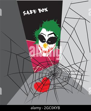 illustration of the joker looking in his safe box for his forgotten heart, covered by a spider web Stock Vector