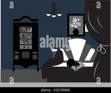 illustration of a woman being depressed and sitting alone on her bed with her cat Stock Vector