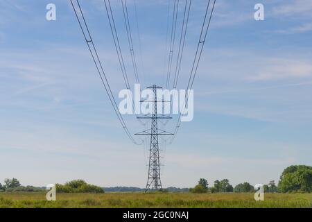 High-voltage electrical insulator electric line against the blue sky. In a natural landscape with grass and trees. Stock Photo