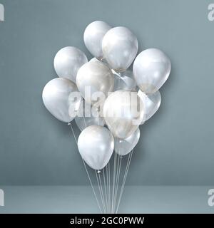 White balloons bunch on a grey wall background. Horizontal banner. 3D ...